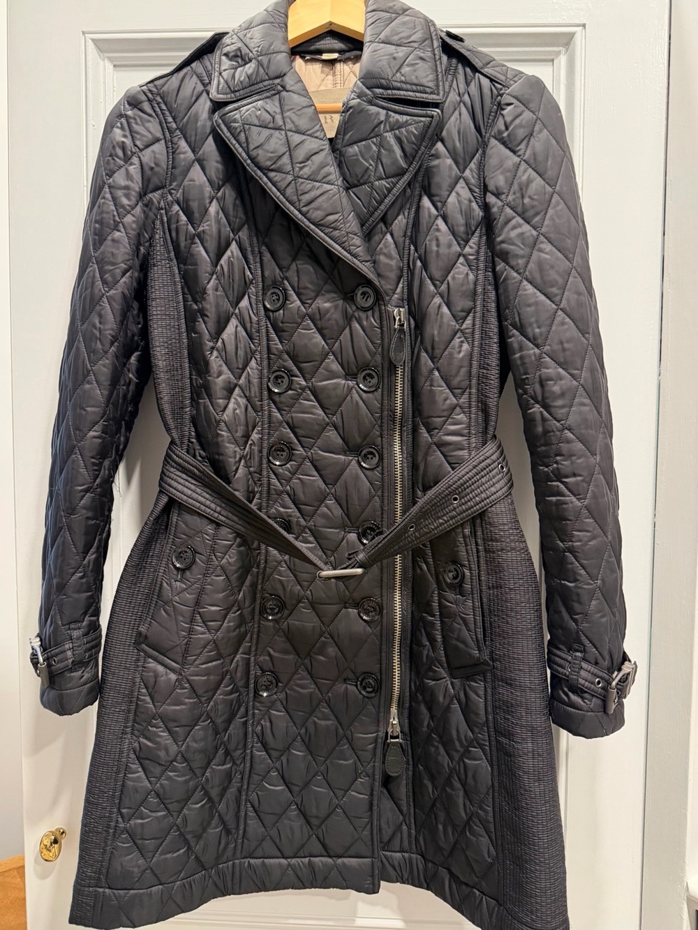 Burberry Brit Quilted Double Breasted 3/4 Length Black Coat w/Belt - Medium